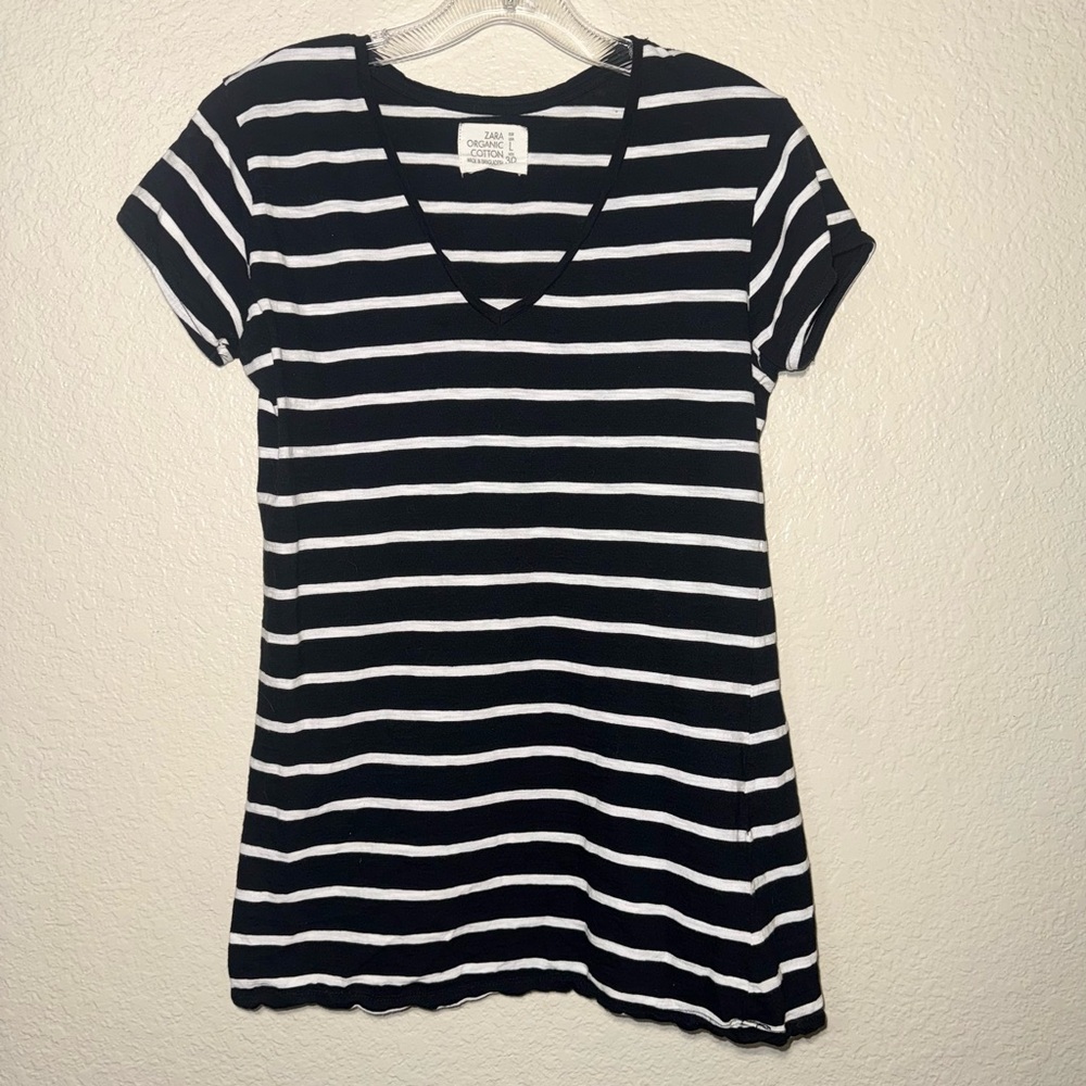 Zara Organic Cotton Striped Tee Women’s L Black White Coastal Minimalist